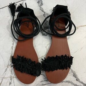 Black fringe tassel wrap sandals